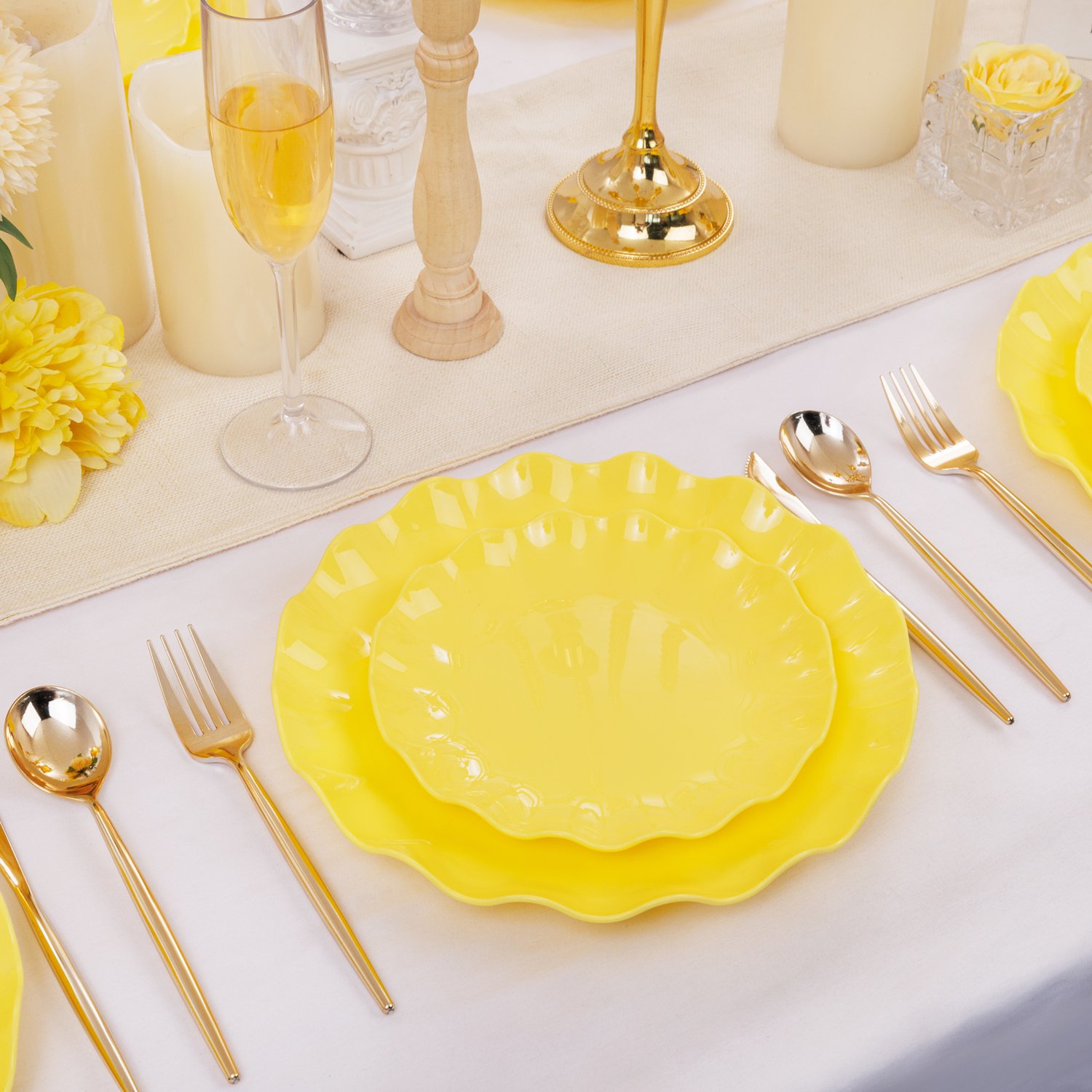 Yellow LIYH Scalloped Plastic Plates Reusable Unbreakable Dinner Plates Set — view 3