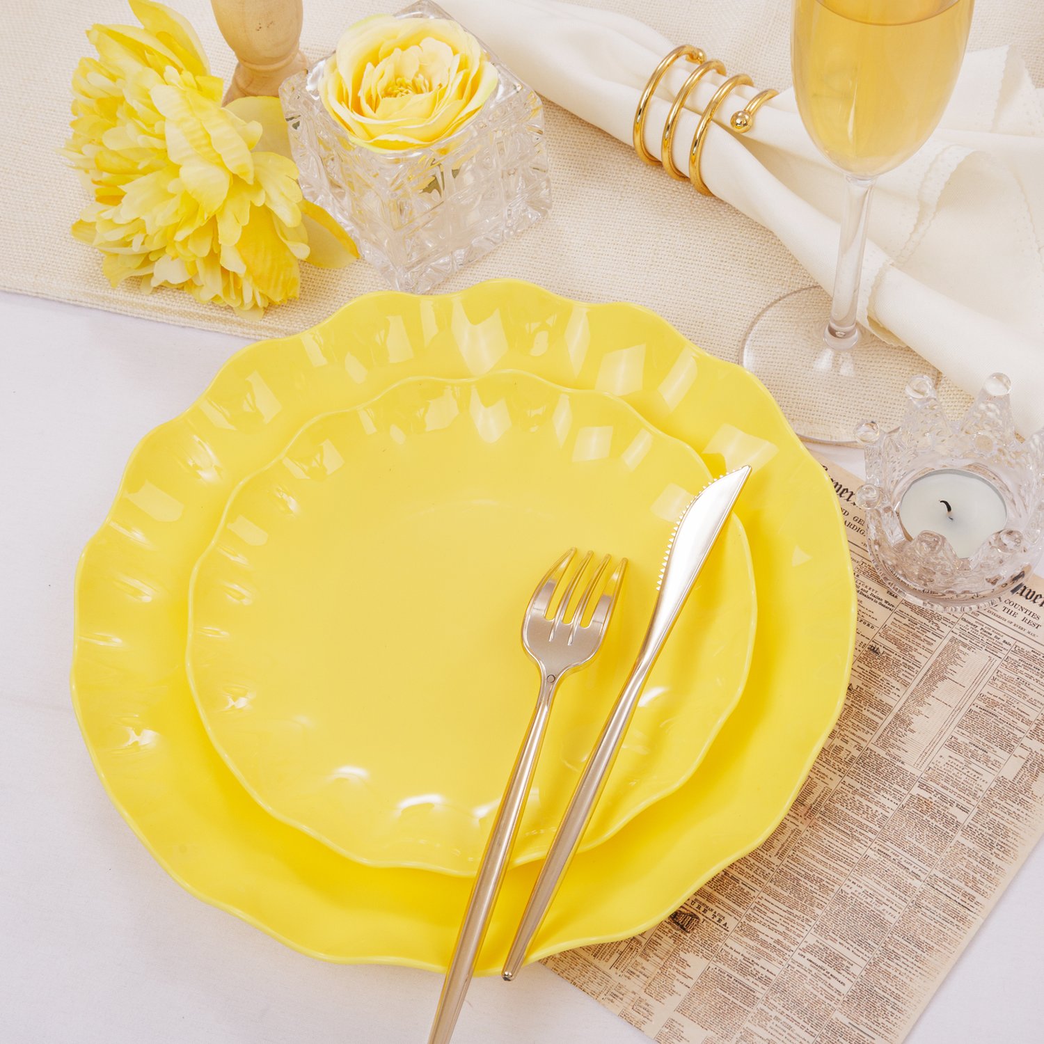 Yellow LIYH Scalloped Plastic Plates Reusable Unbreakable Dinner Plates Set — view 4