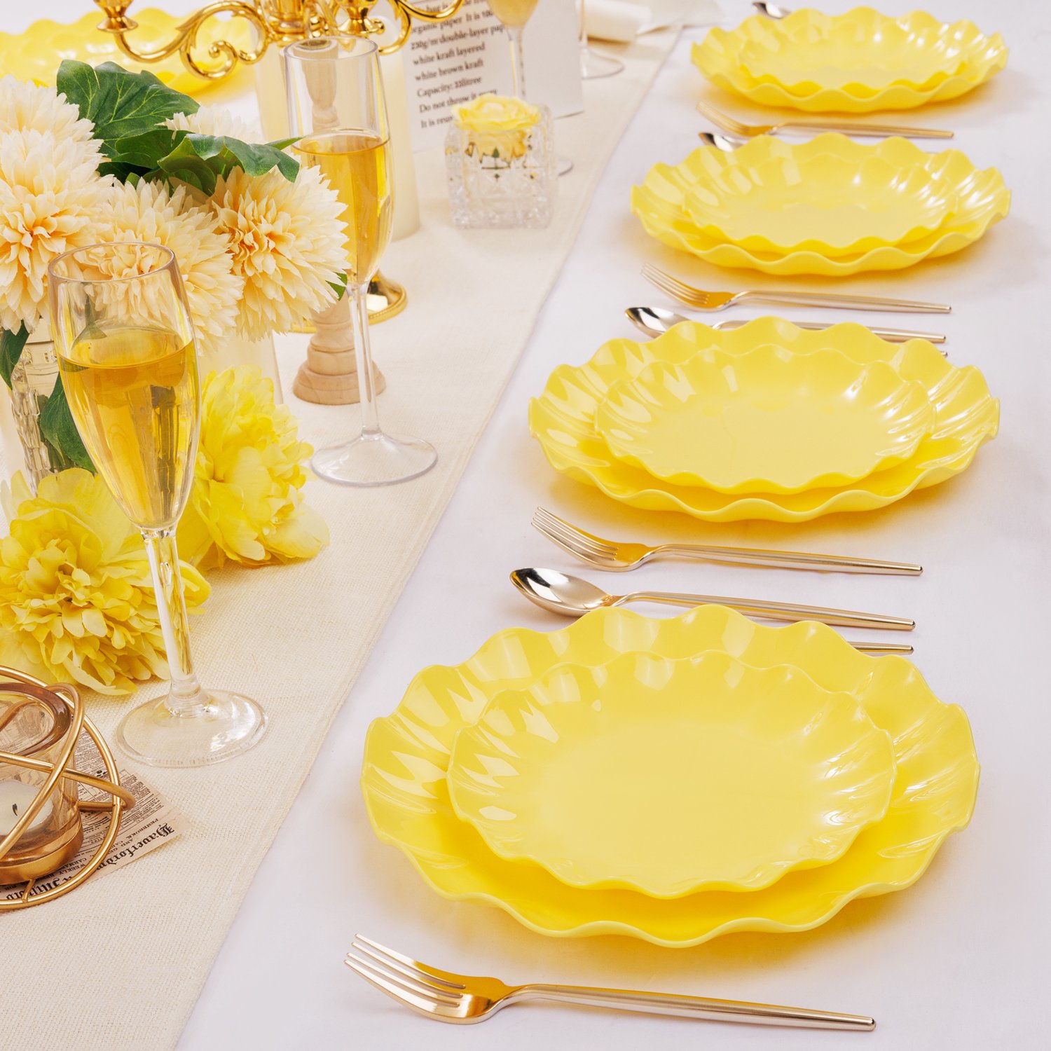 Yellow LIYH Scalloped Plastic Plates Reusable Unbreakable Dinner Plates Set — view 5