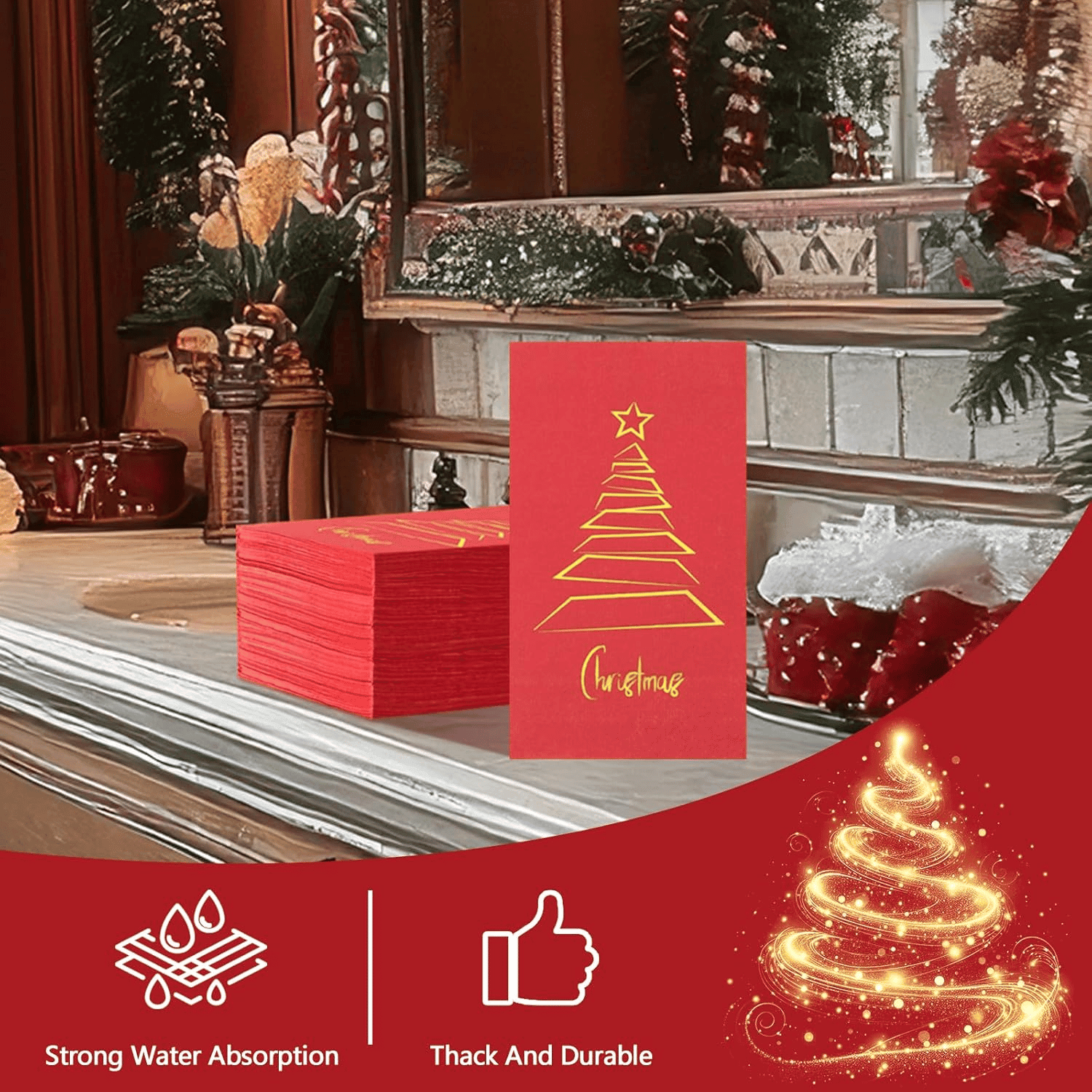 Red And Gold X'mas Tree 100-Count 3-Ply disposable Napkins (100 Pieces) — view 8