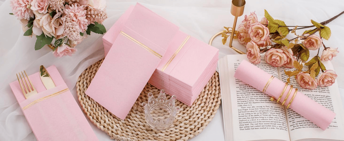 Pink Paper Napkins with Built-in Flatware Pocket — view 10