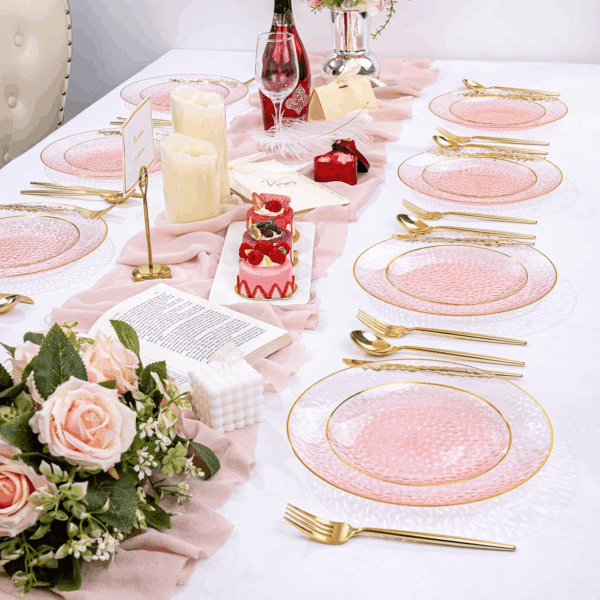 Clear Pink Gold Plastic Plates,Disposable Plates With Rim,Heavy-duty Plates,Hammered Party Plates Include 30Clear Dessert-Platos,30Dinner-Platos for Wedding, Party — view 8