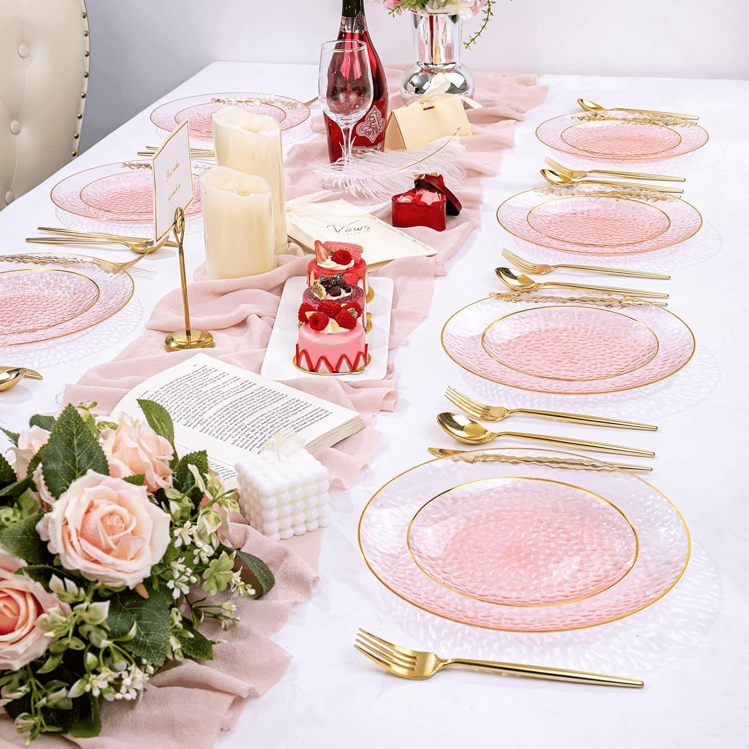 Clear Pink Gold Plastic Plates,Disposable Plates With Rim,Heavy-duty Plates,Hammered Party Plates Include 30Clear Dessert-Platos,30Dinner-Platos for Wedding, Party — view 8