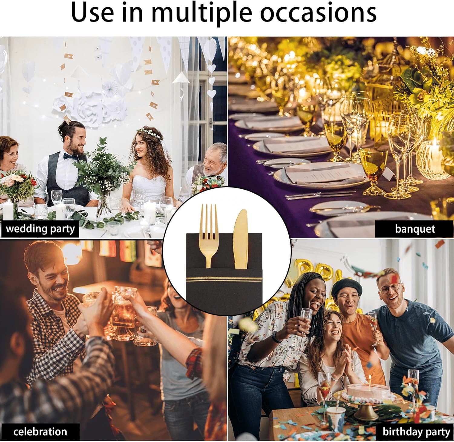 Black Paper Napkins with Built-in Flatware Pocket — view 8