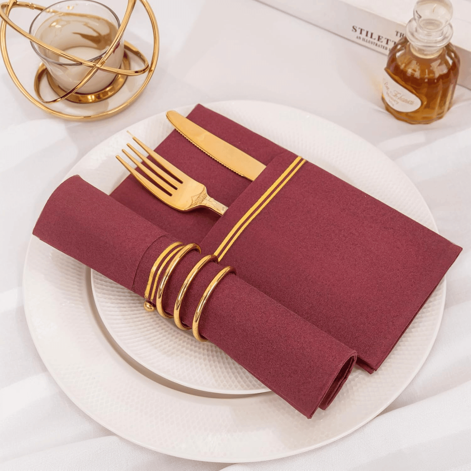 Burgundy Red Paper Napkins with Built-in Flatware Pocket — view 8