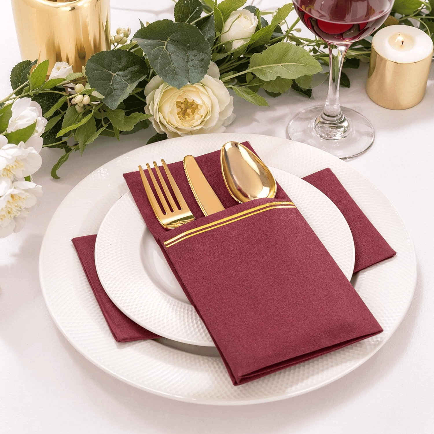 Burgundy Red Paper Napkins with Built-in Flatware Pocket — view 9