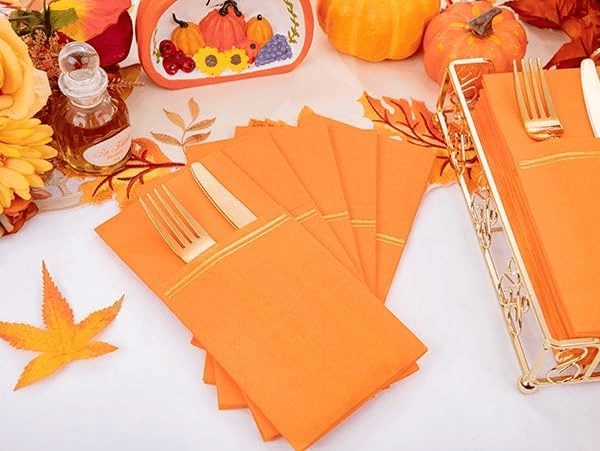 Orange Paper Napkins with Built-in Flatware Pocket — view 9