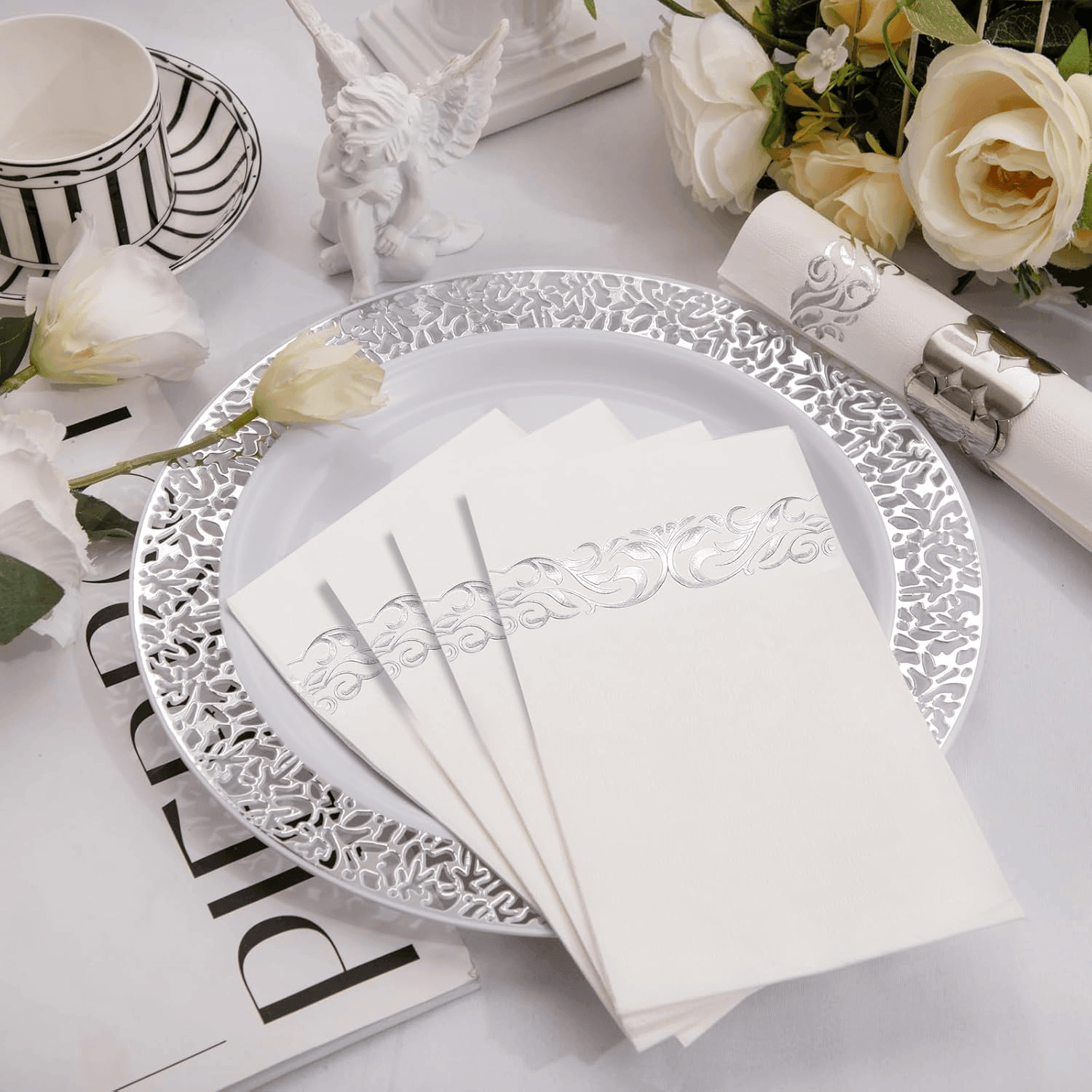 White And Silver Napkins Disposable-3ply Paper Napkins Rim — view 9