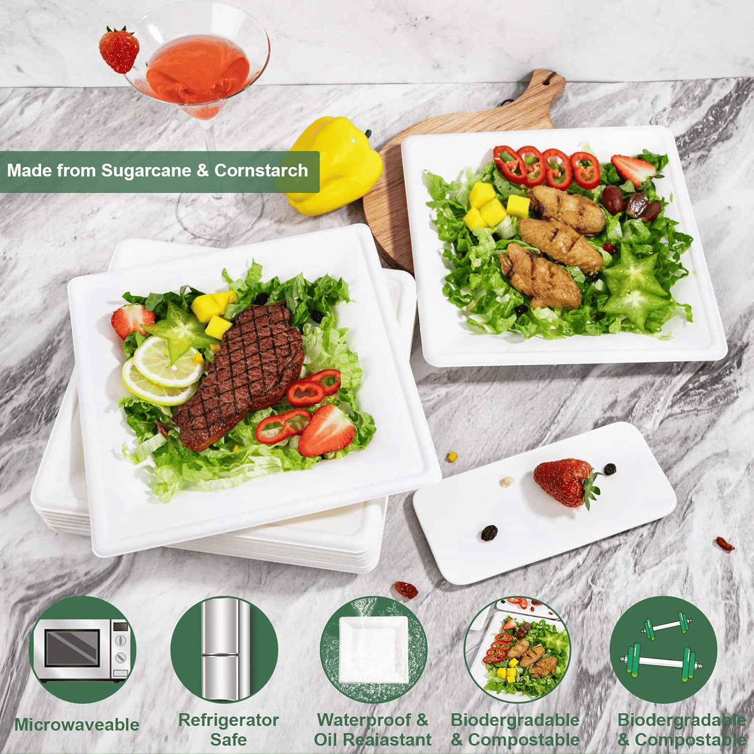 Square Biodegradable Bagasse Plates — view 3