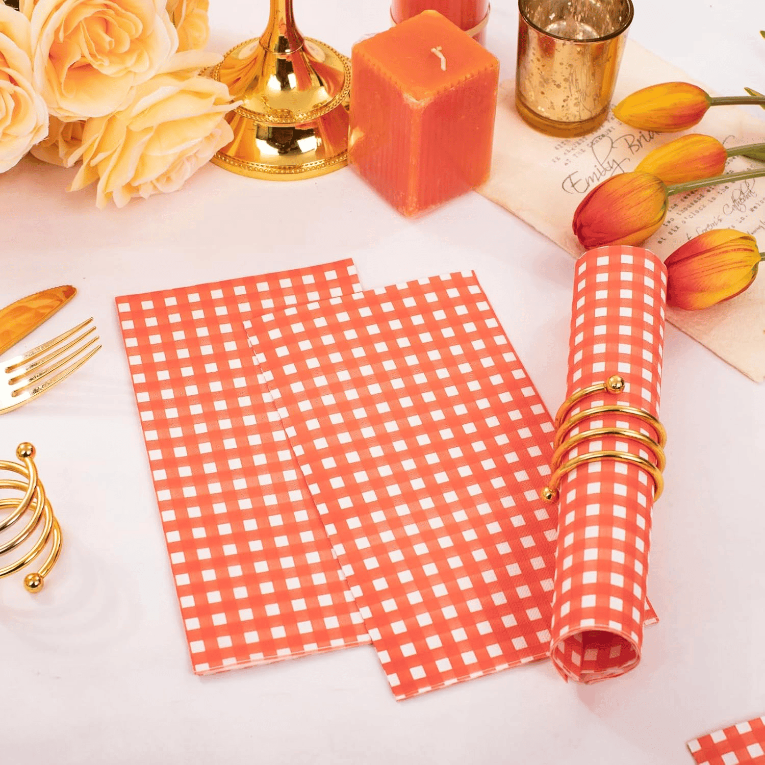 Orange Gingham Paper Napkins — view 8