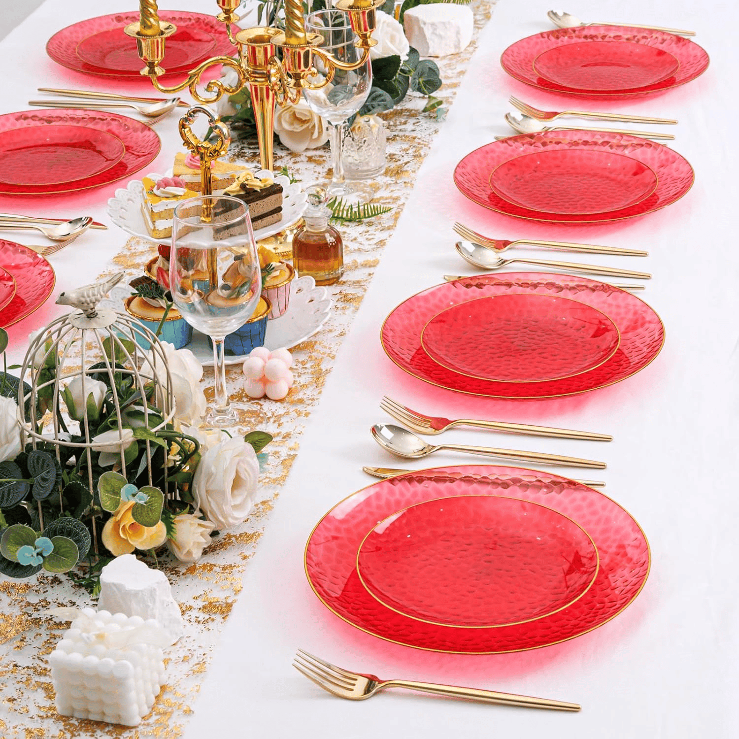Clear Red Gold Plastic Plates,Disposable Plates With Rim,Heavy-duty Plates,Hammered Party Plates Include 30Clear Dessert-Platos,30Dinner-Platos for Wedding, Party (60 Pieces) — view 8