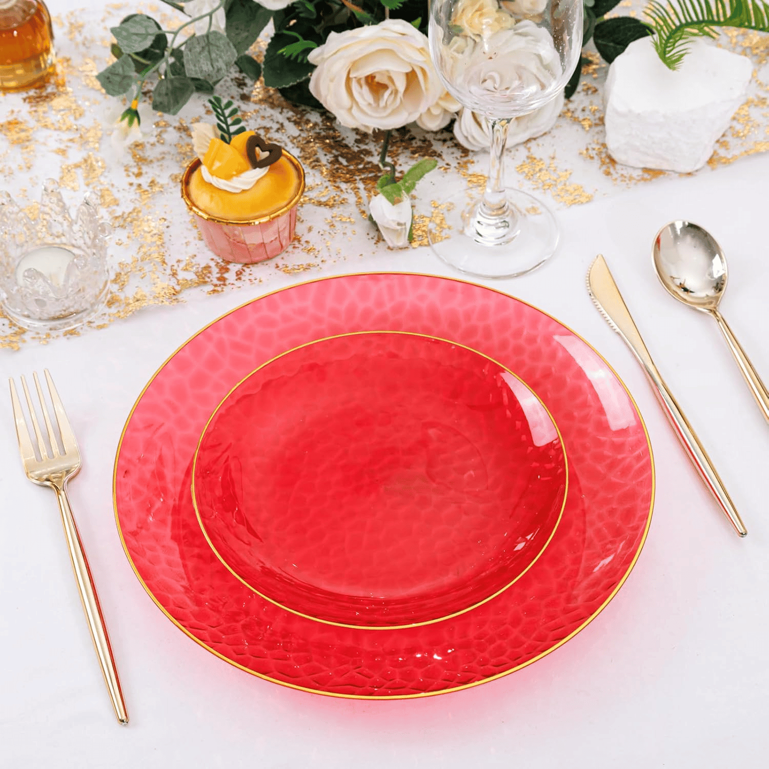 Clear Red Gold Plastic Plates,Disposable Plates With Rim,Heavy-duty Plates,Hammered Party Plates Include 30Clear Dessert-Platos,30Dinner-Platos for Wedding, Party (60 Pieces) — view 9