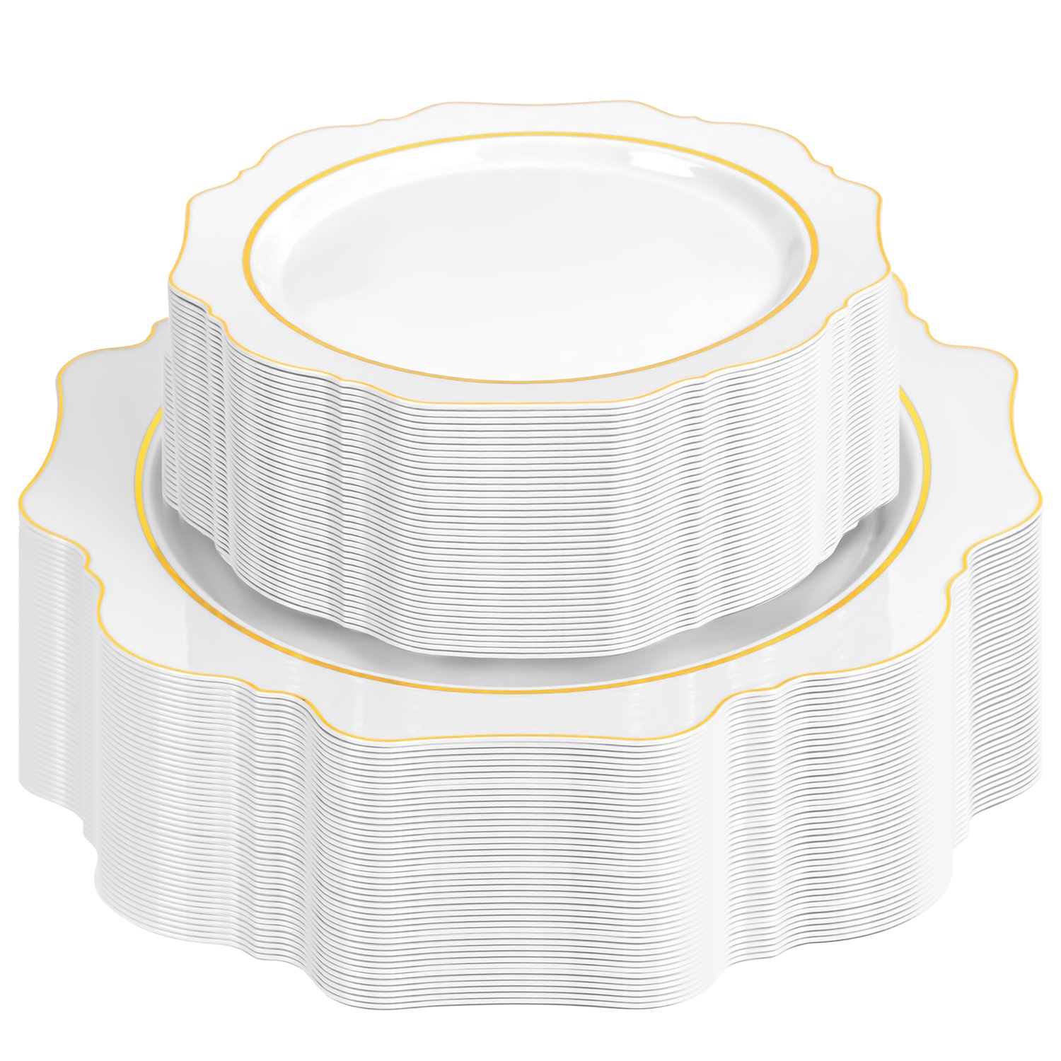White And Gold Plastic Plates with Rim (100 Pieces) — view 1