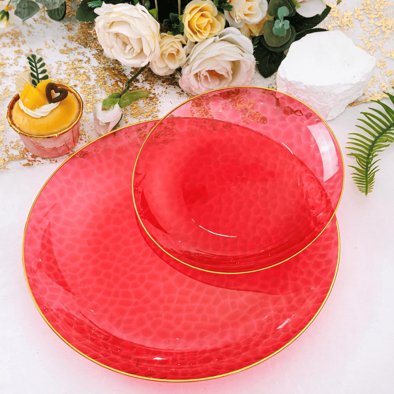Clear Red Gold Plastic Plates,Disposable Plates With Rim,Heavy-duty Plates,Hammered Party Plates Include 30Clear Dessert-Platos,30Dinner-Platos for Wedding, Party (60 Pieces) — view 10