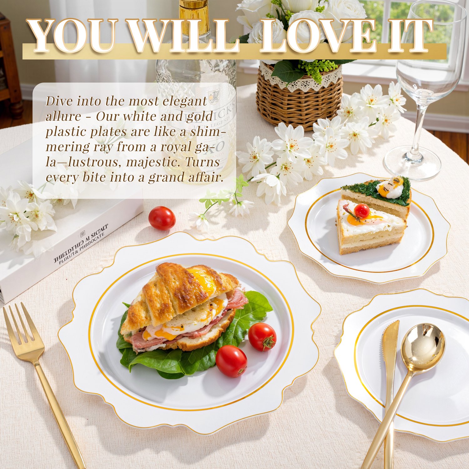 White And Gold Plastic Plates with Rim (100 Pieces) — view 7