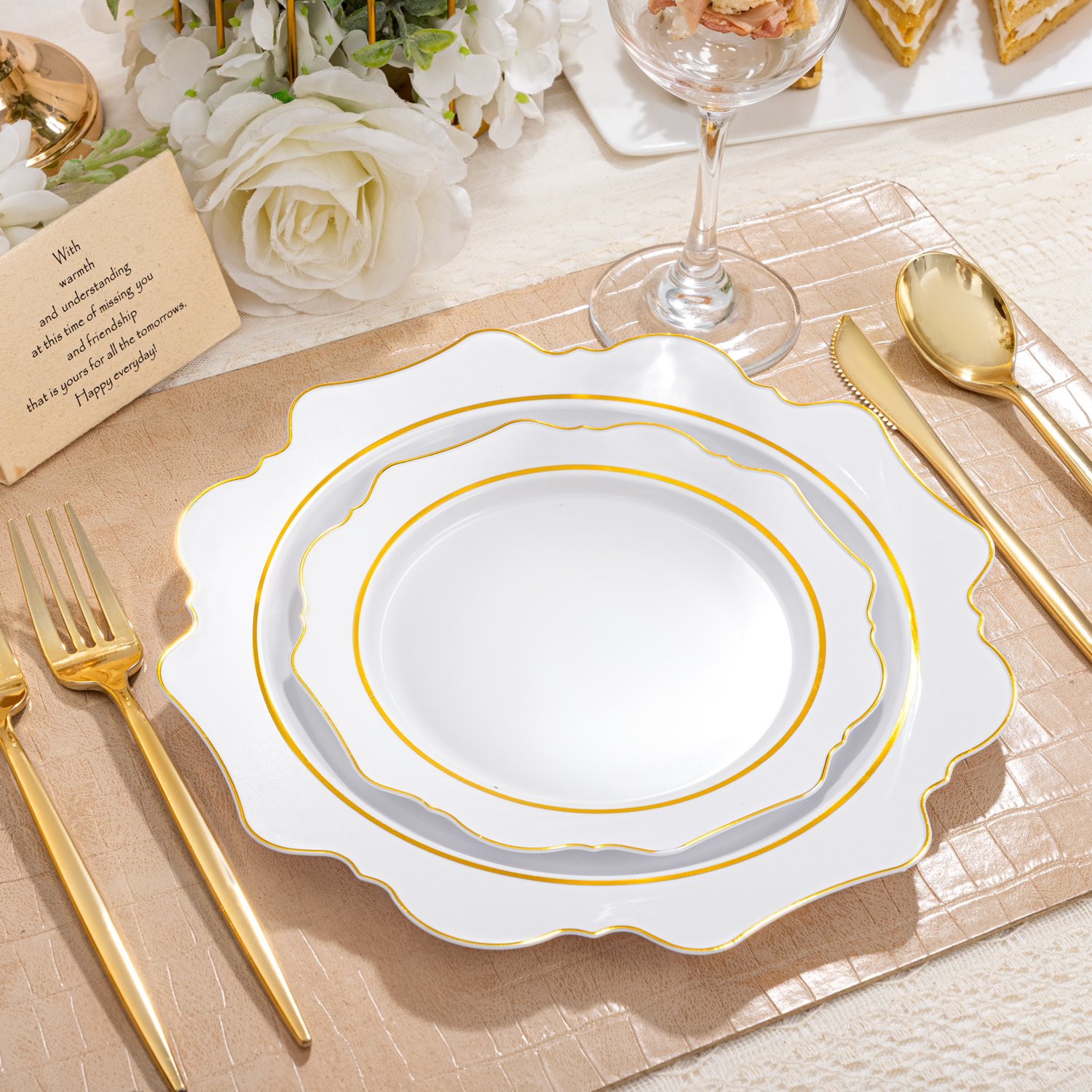 White And Gold Plastic Plates with Rim (100 Pieces) — view 8