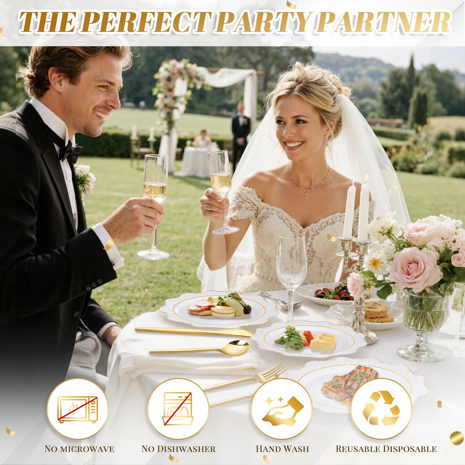 White And Gold Plastic Plates with Rim (100 Pieces) — view 9