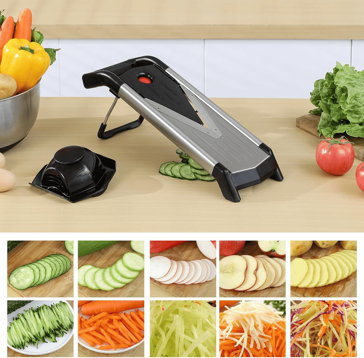 Silver Adjustable Mandoline Food Slicer for Kitchen-Mandolin,Potato,Tomato,Carrot,Vegetable,Fruit and Onion Cutter-Adjustable Stainless Steel-Include 1 Pair Cut-Resistant Gloves — view 8