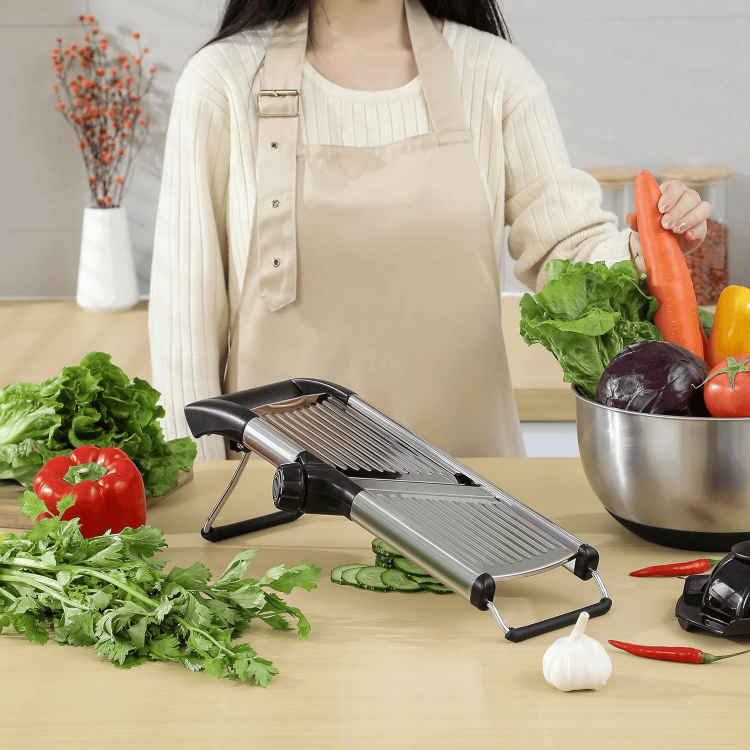 Black and stainless steel mandoline slicer on a kitchen counter with fresh vegetables