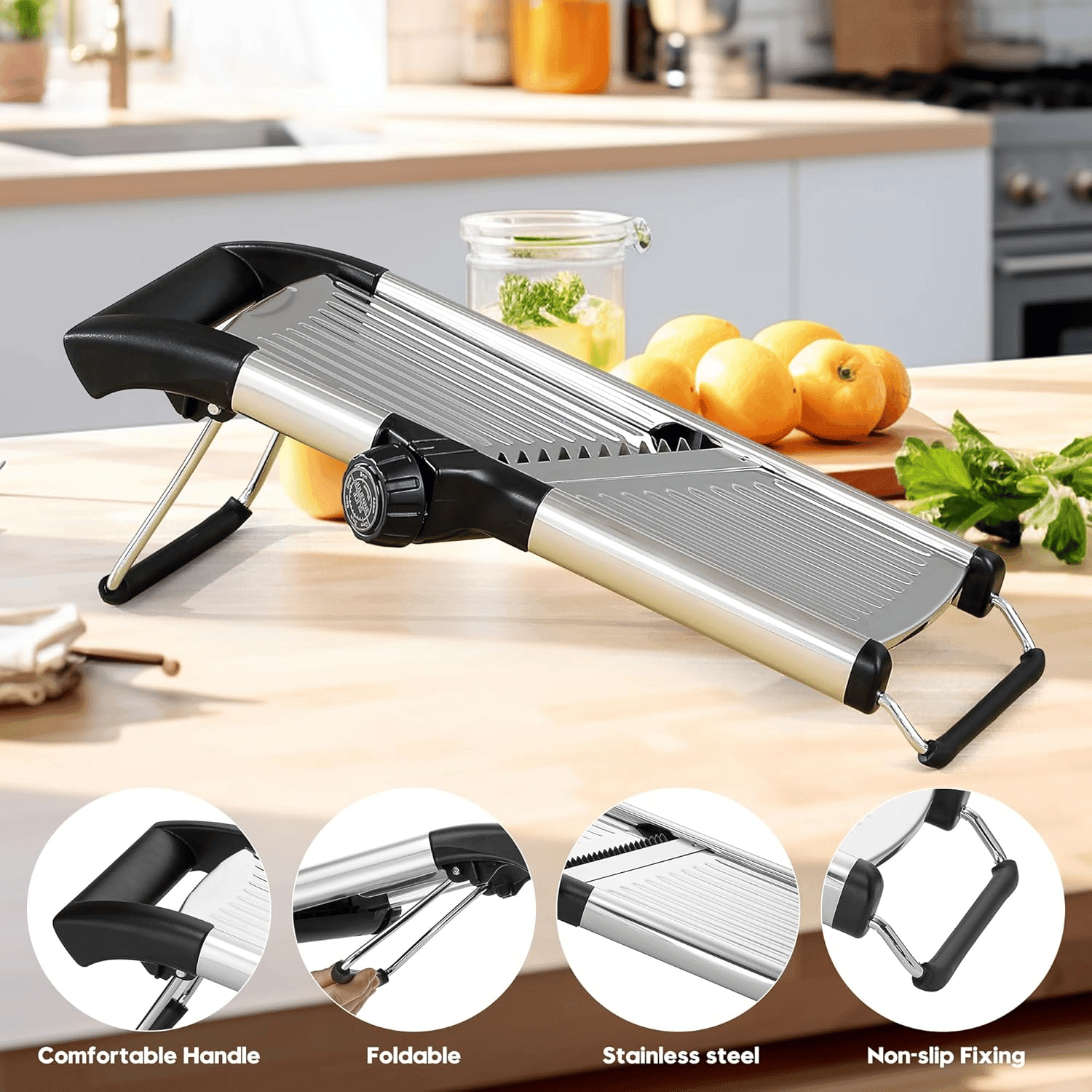 Black Adjustable Mandoline Food Slicer for Kitchen-Mandolin,Potato,Tomato,Carrot,Vegetable,Fruit and Onion Cutter-Adjustable Stainless Steel-Include 1 Pair Cut-Resistant Gloves — view 8