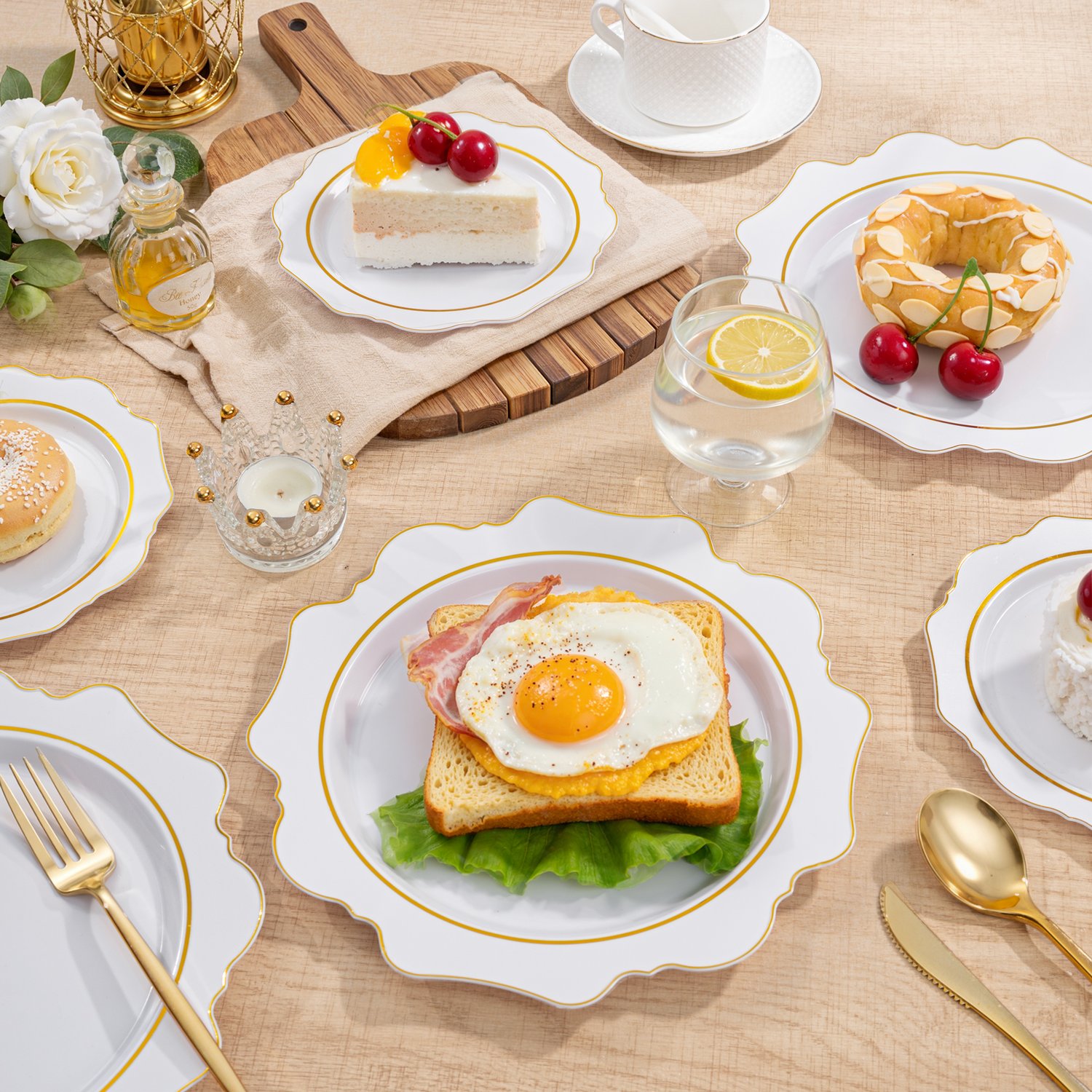 White And Gold Plastic Plates with Rim (100 Pieces) — view 10