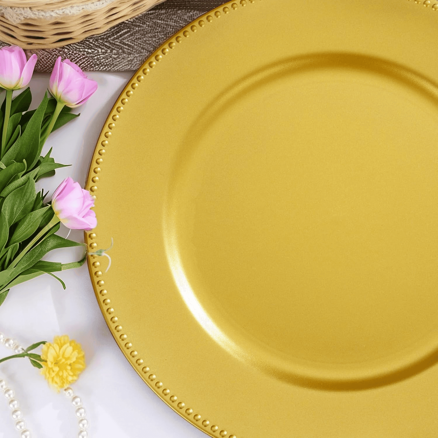 Gold Charger Plates,Plastic Chargers Plates For Dinner With Bead Rimed for Wedding,Party,Holiday — view 1