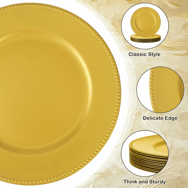 Gold Charger Plates,Plastic Chargers Plates For Dinner With Bead Rimed for Wedding,Party,Holiday — view 8