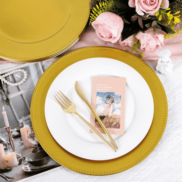 Gold Charger Plates,Plastic Chargers Plates For Dinner With Bead Rimed for Wedding,Party,Holiday — view 9