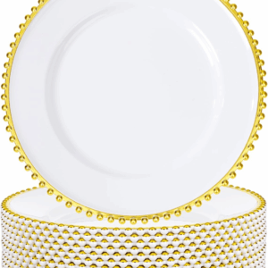 White And Gold Charger Plates,Plastic Chargers Plates For Dinner With Bead Rimed for Wedding,Party,Holiday (12 Pieces) — view 1