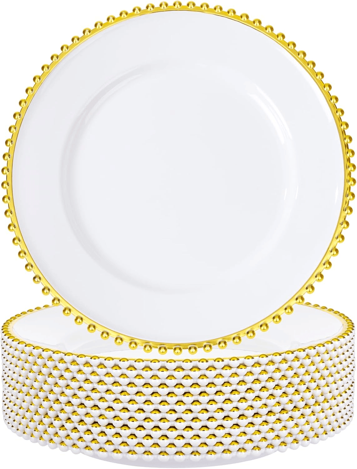White And Gold Charger Plates,Plastic Chargers Plates For Dinner With Bead Rimed for Wedding,Party,Holiday (12 Pieces) — view 1