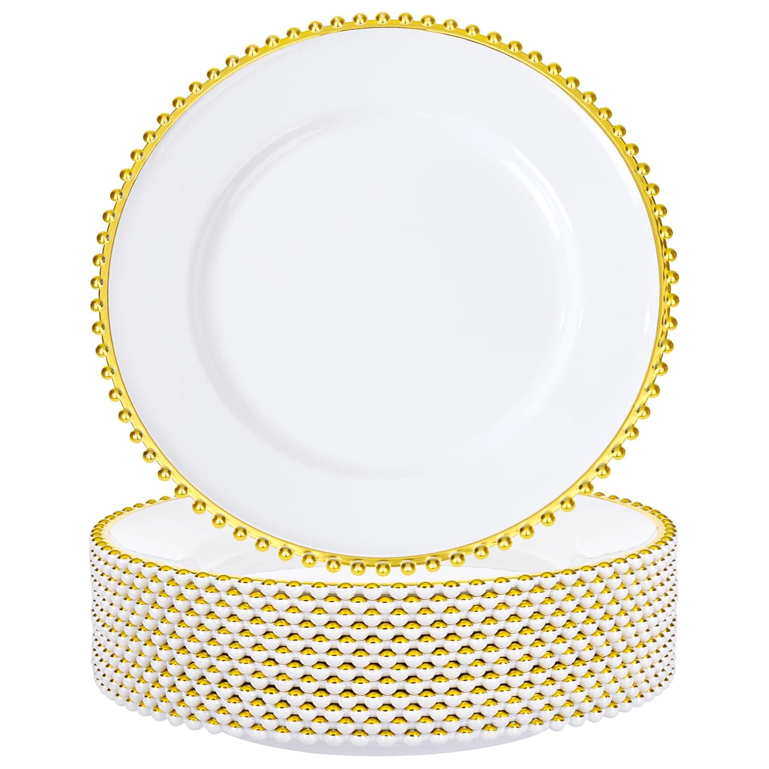 White And Gold Charger Plates,Plastic Chargers Plates For Dinner With Bead Rimed for Wedding,Party,Holiday (12 Pieces) — view 2