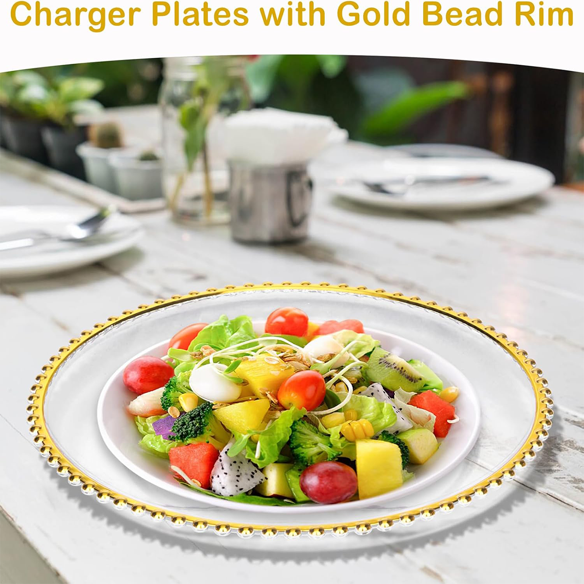 Clear & Gold Beaded Charger Plates (13 Inch, 12 Pack) — view 3