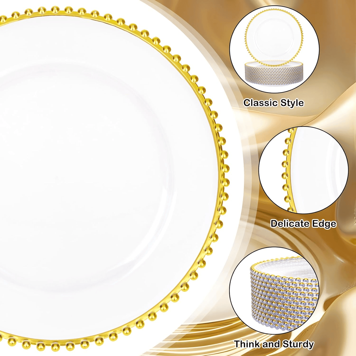 Clear & Gold Beaded Charger Plates (13 Inch, 12 Pack) — view 7