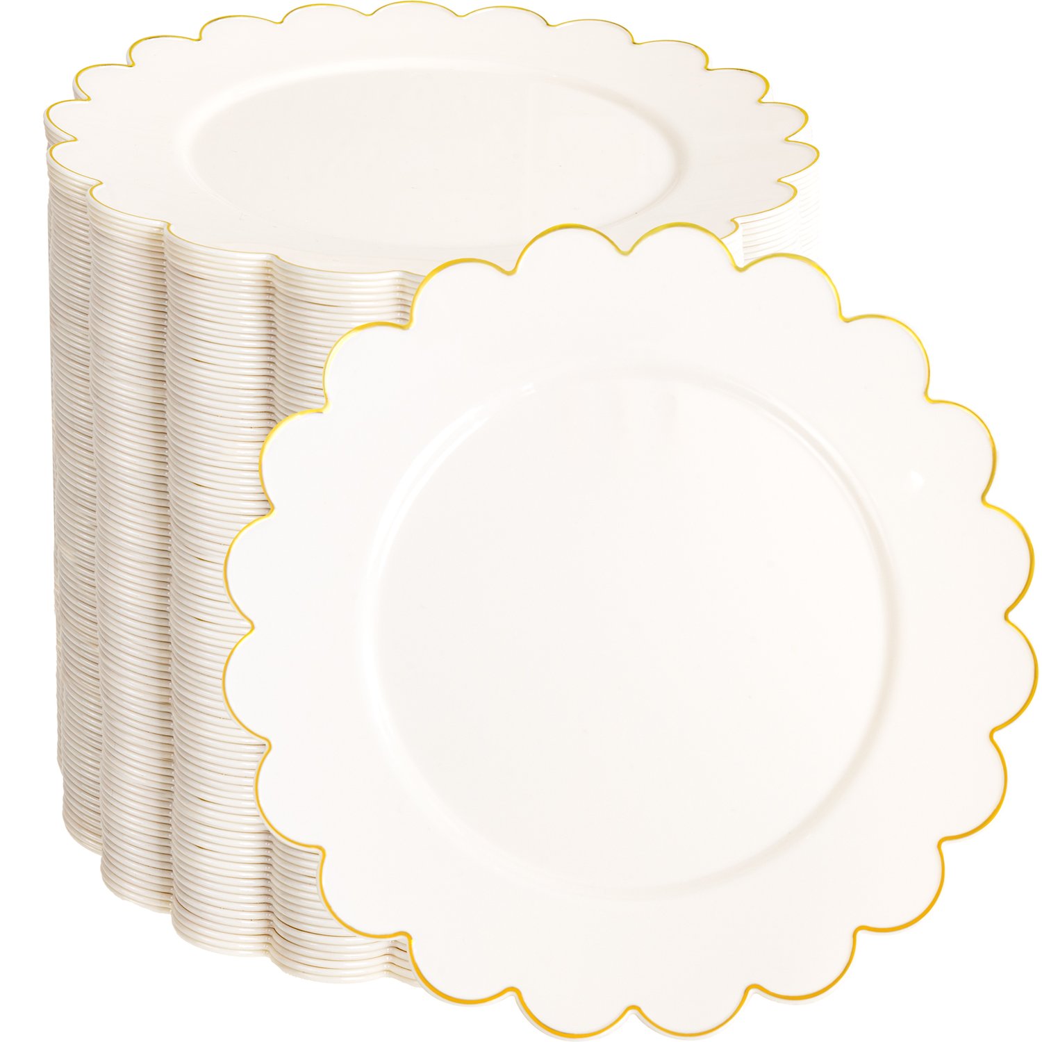 Beige, Gold Pack 7.5'' Ivory Dessert Party Plates with Wavy Rim (100 Pieces) — view 1