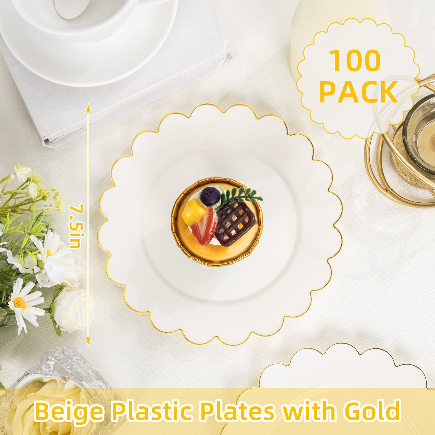 Beige, Gold Pack 7.5'' Ivory Dessert Party Plates with Wavy Rim (100 Pieces) — view 2