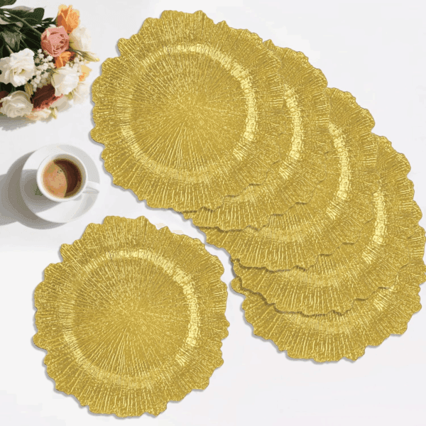 Gold Reef Charger Plates,Plastic Chargers Plates For Dinner With Bead Rimed for Wedding,Party,Holiday — view 1