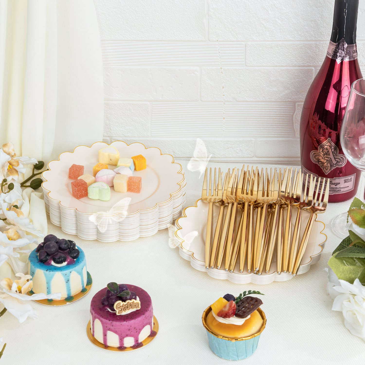 Beige, Gold Pack 7.5'' Ivory Dessert Party Plates with Wavy Rim (100 Pieces) — view 3