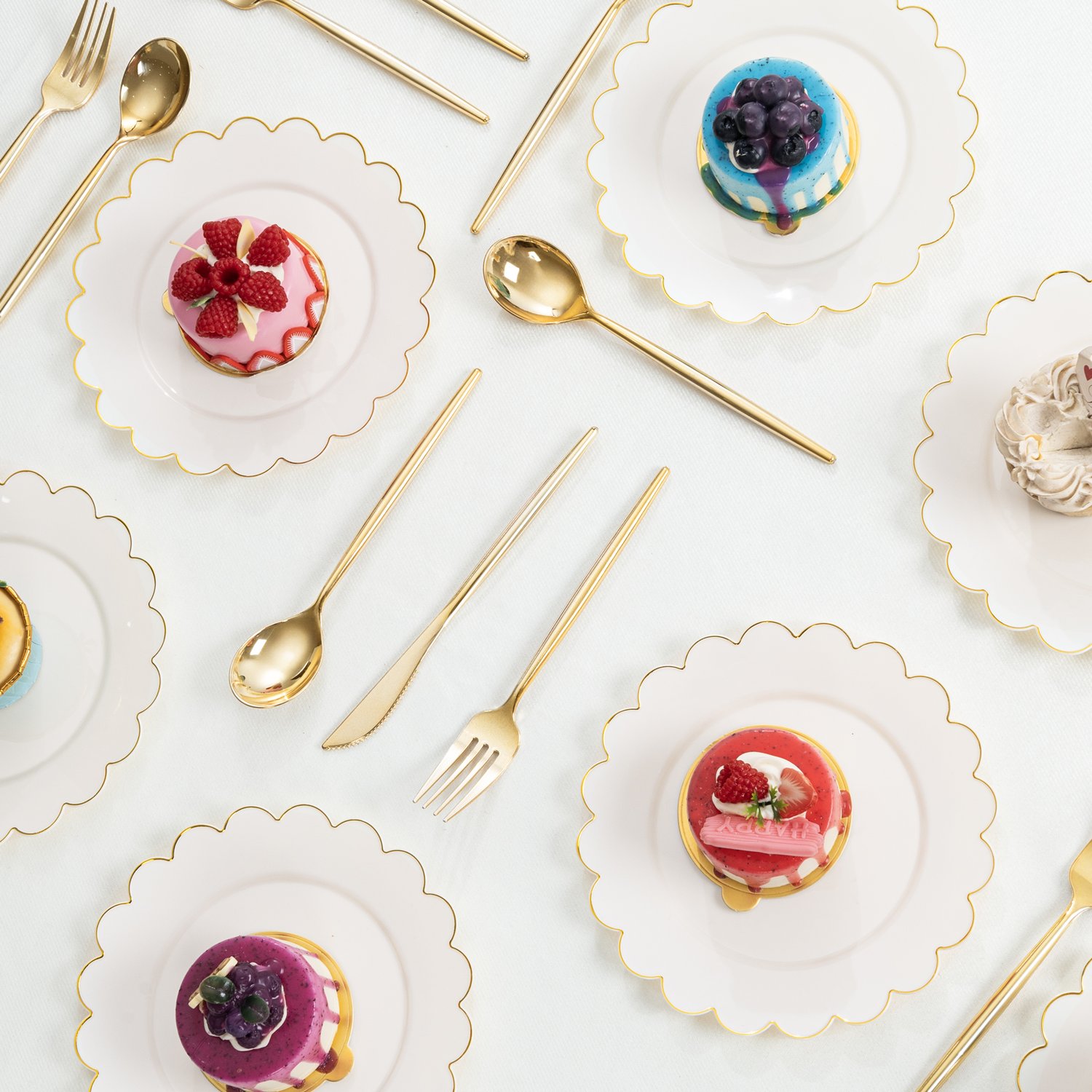 Beige, Gold Pack 7.5'' Ivory Dessert Party Plates with Wavy Rim (100 Pieces) — view 4