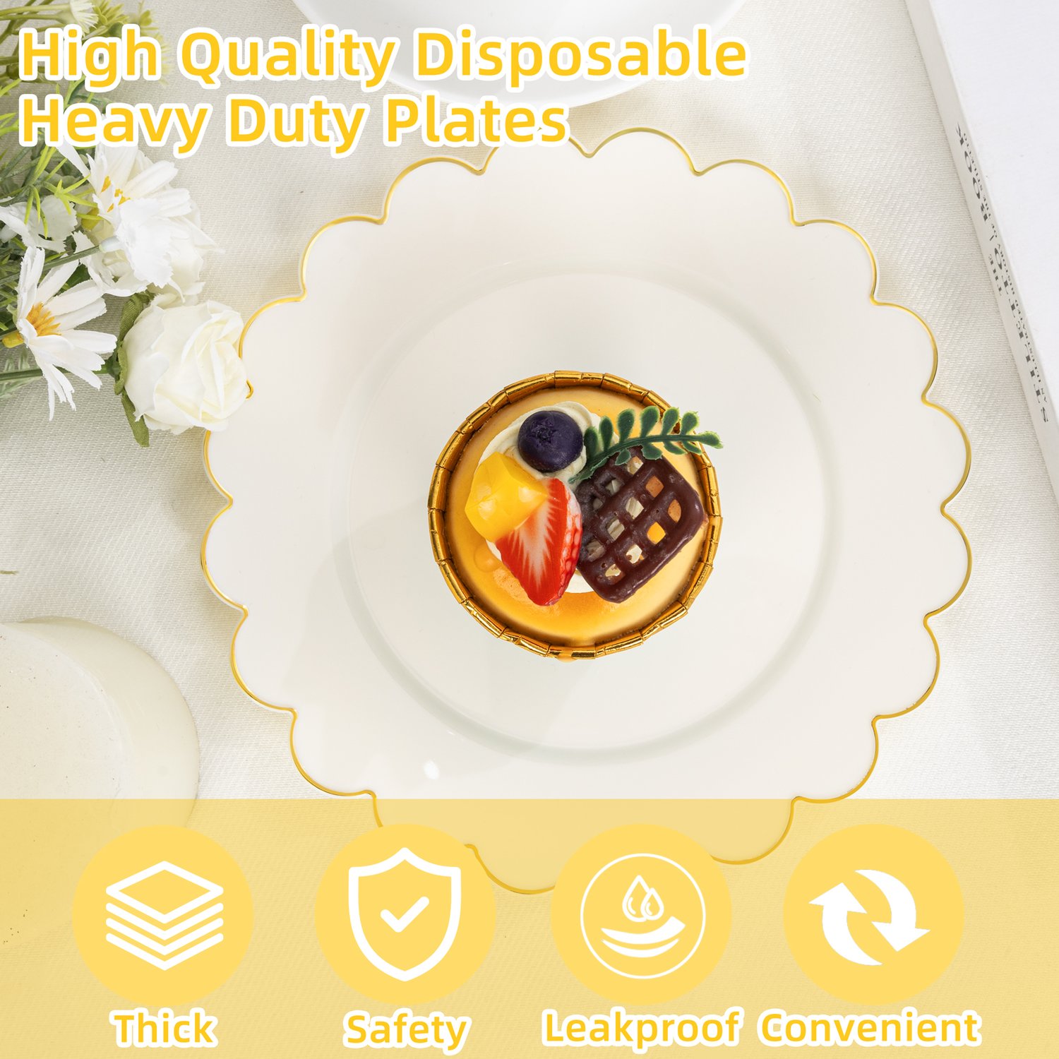 Beige, Gold Pack 7.5'' Ivory Dessert Party Plates with Wavy Rim (100 Pieces) — view 5