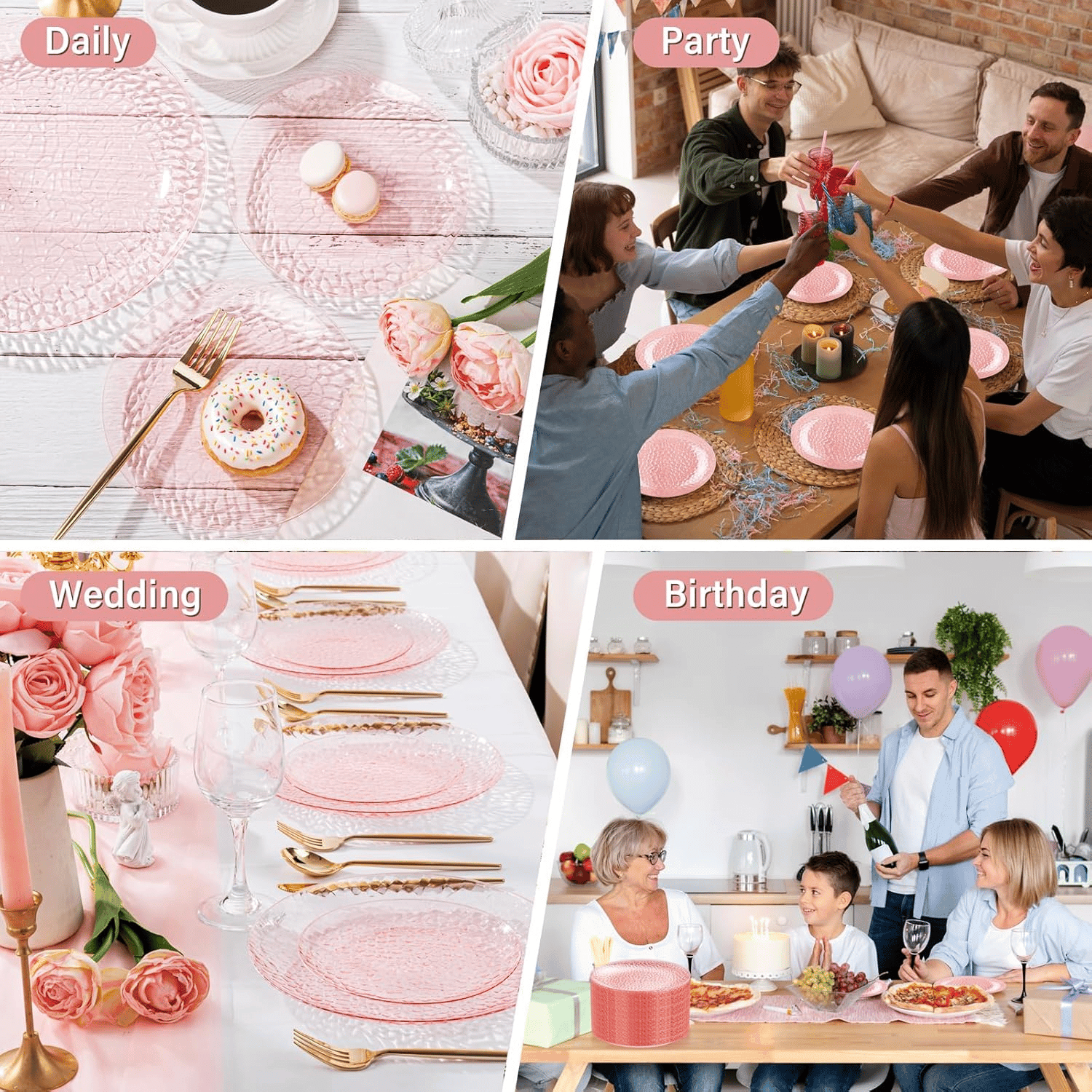 Clear Pink Plastic Plates,Disposable Plates With Rim,Heavy-duty Plates,Hammered Party Plates Include 30Clear Dessert-Platos,30Dinner-Platos for Wedding, Party (100 Pieces) — view 8