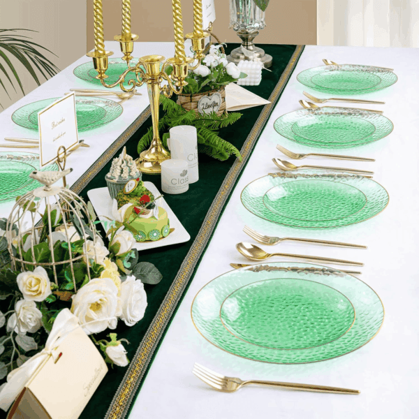Clear Green Gold Plastic Plates,Disposable Plates With Rim,Heavy-duty Plates,Hammered Party Plates Include 30Clear Dessert-Platos,30Dinner-Platos for Wedding, Party — view 8