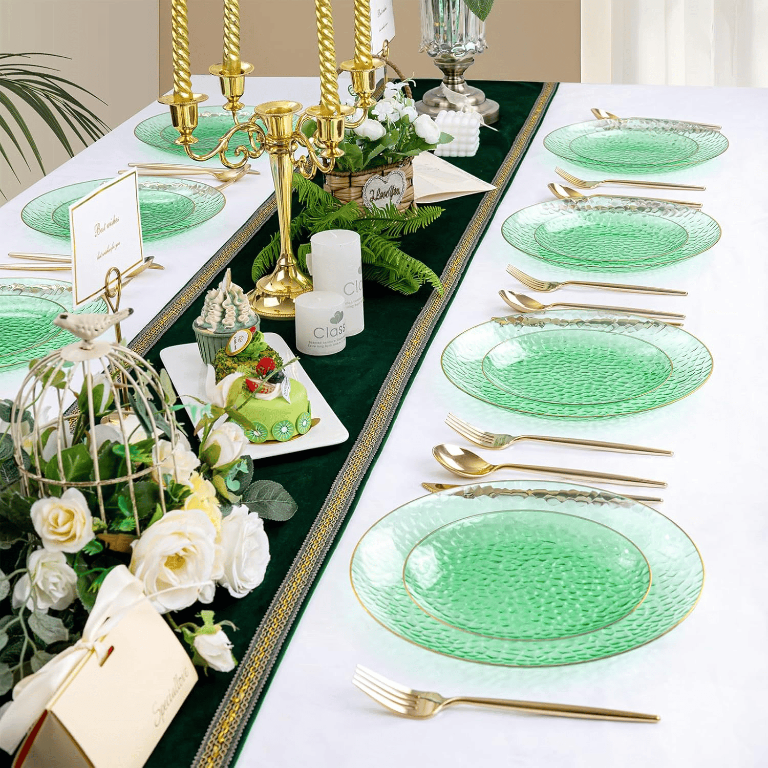 Clear Green Gold Plastic Plates,Disposable Plates With Rim,Heavy-duty Plates,Hammered Party Plates Include 30Clear Dessert-Platos,30Dinner-Platos for Wedding, Party — view 8