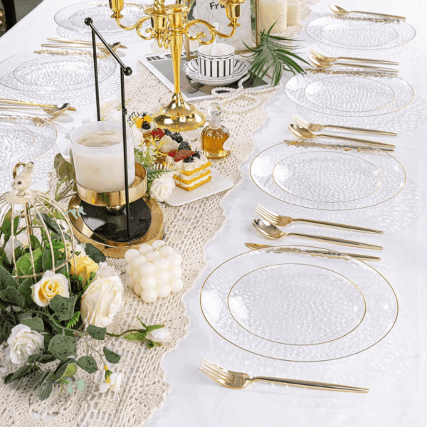Clear Gold Plastic Plates,Disposable Plates With Rim,Heavy-duty Plates,Hammered Party Plates Include 30Clear Dessert-Platos,30Dinner-Platos for Wedding, Party — view 8