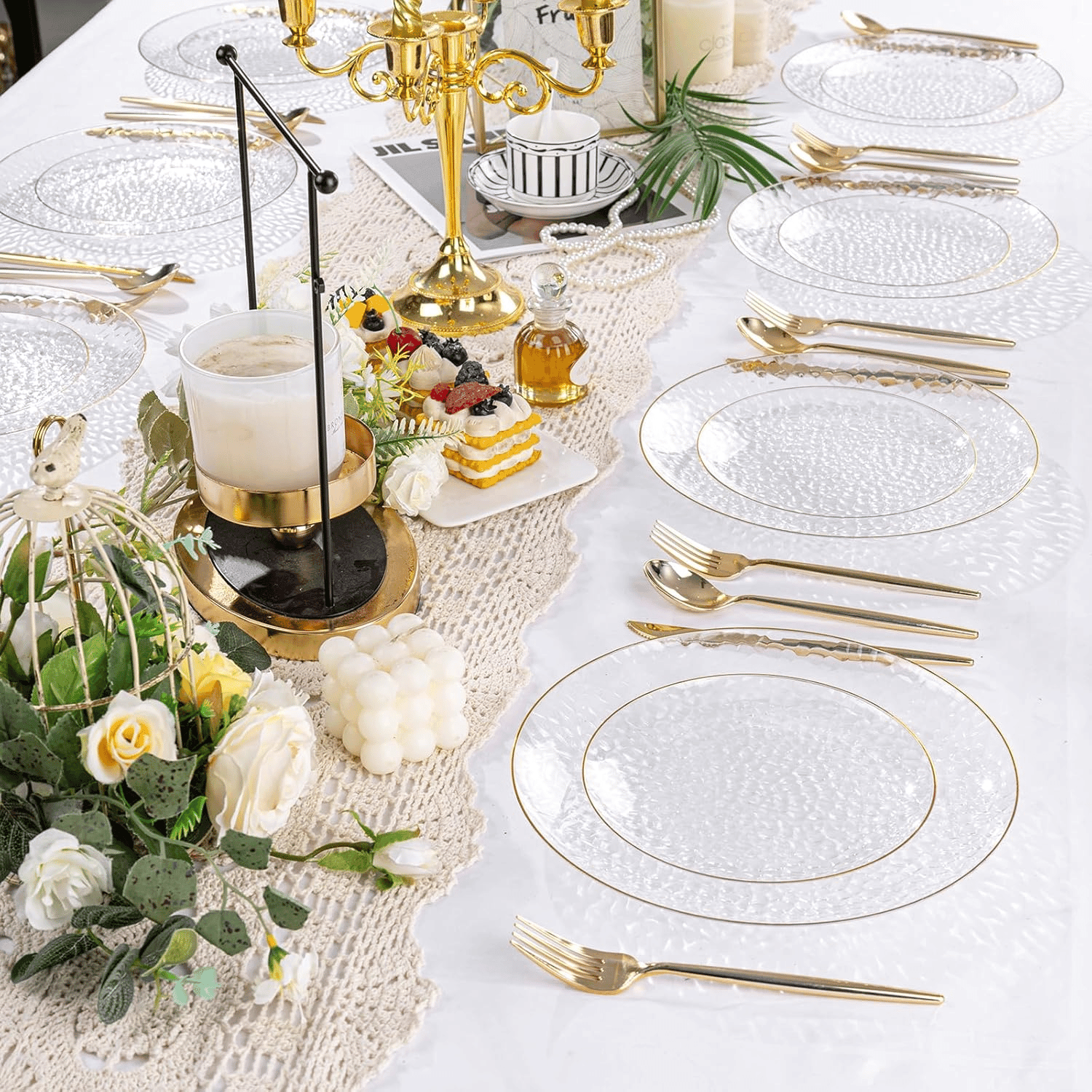 Clear Gold Plastic Plates,Disposable Plates With Rim,Heavy-duty Plates,Hammered Party Plates Include 30Clear Dessert-Platos,30Dinner-Platos for Wedding, Party — view 8