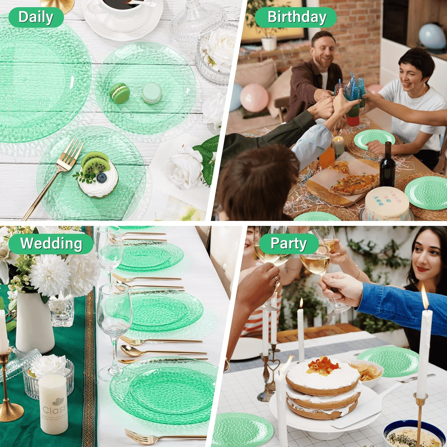 Clear Green Plastic Plates,Disposable Plates With Rim,Heavy-duty Plates,Hammered Party Plates Include 30Clear Dessert-Platos,30Dinner-Platos for Wedding, Party (100 Pieces) — view 8