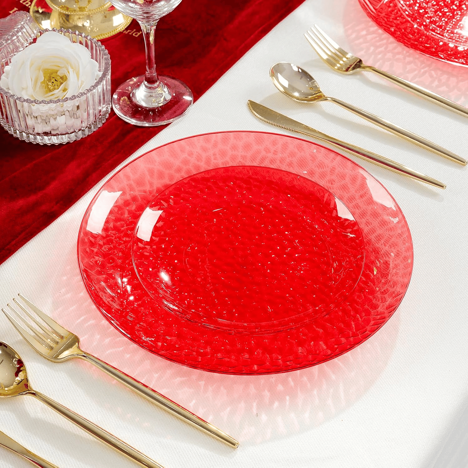 Clear Red Plastic Plates,Disposable Plates With Rim,Heavy-duty Plates,Hammered Party Plates Include 30Clear Dessert-Platos,30Dinner-Platos for Wedding, Party (60 Pieces) — view 8