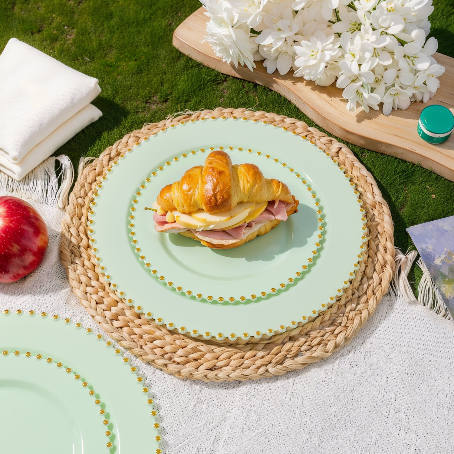 Green, Gold Green Plastic Plates with Bead Design — view 2
