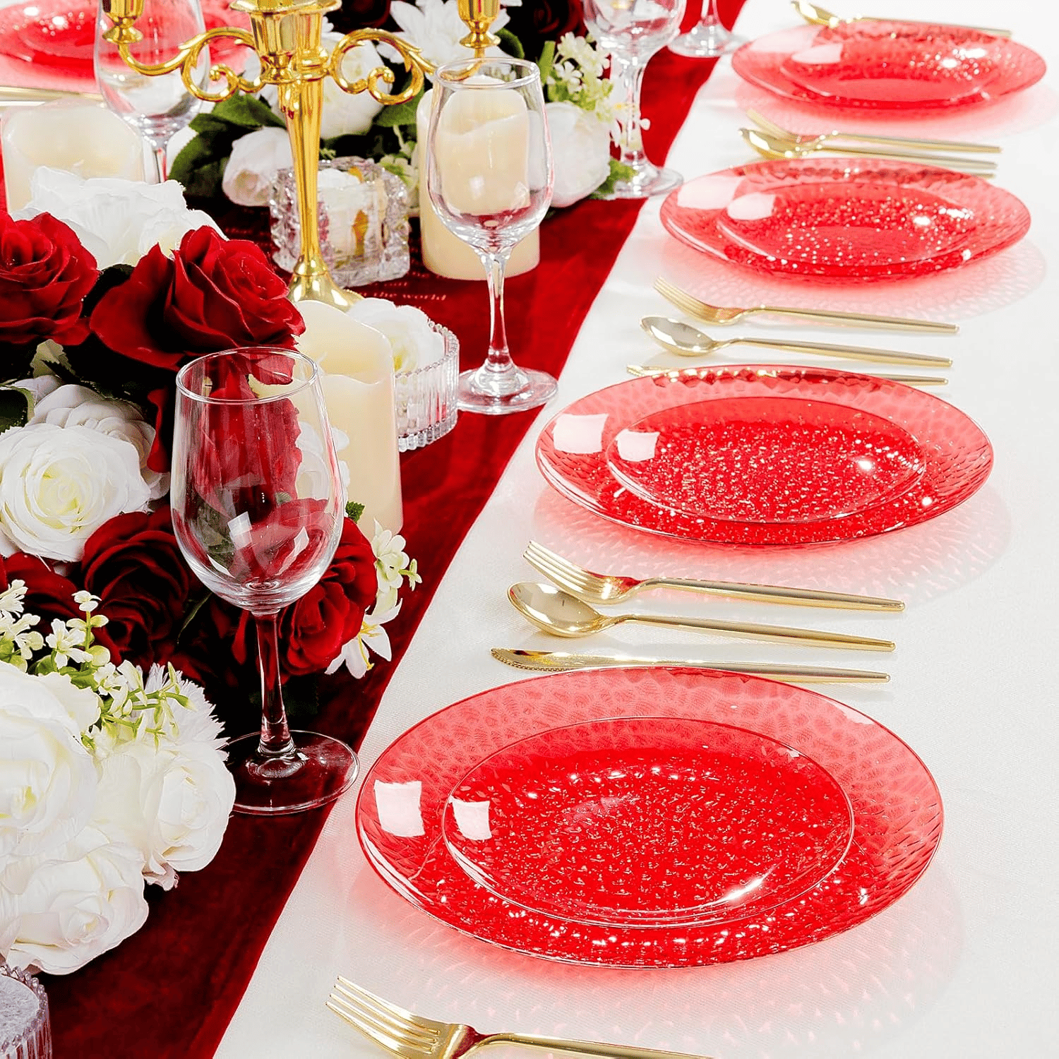 Clear Red Plastic Plates,Disposable Plates With Rim,Heavy-duty Plates,Hammered Party Plates Include 30Clear Dessert-Platos,30Dinner-Platos for Wedding, Party (60 Pieces) — view 9