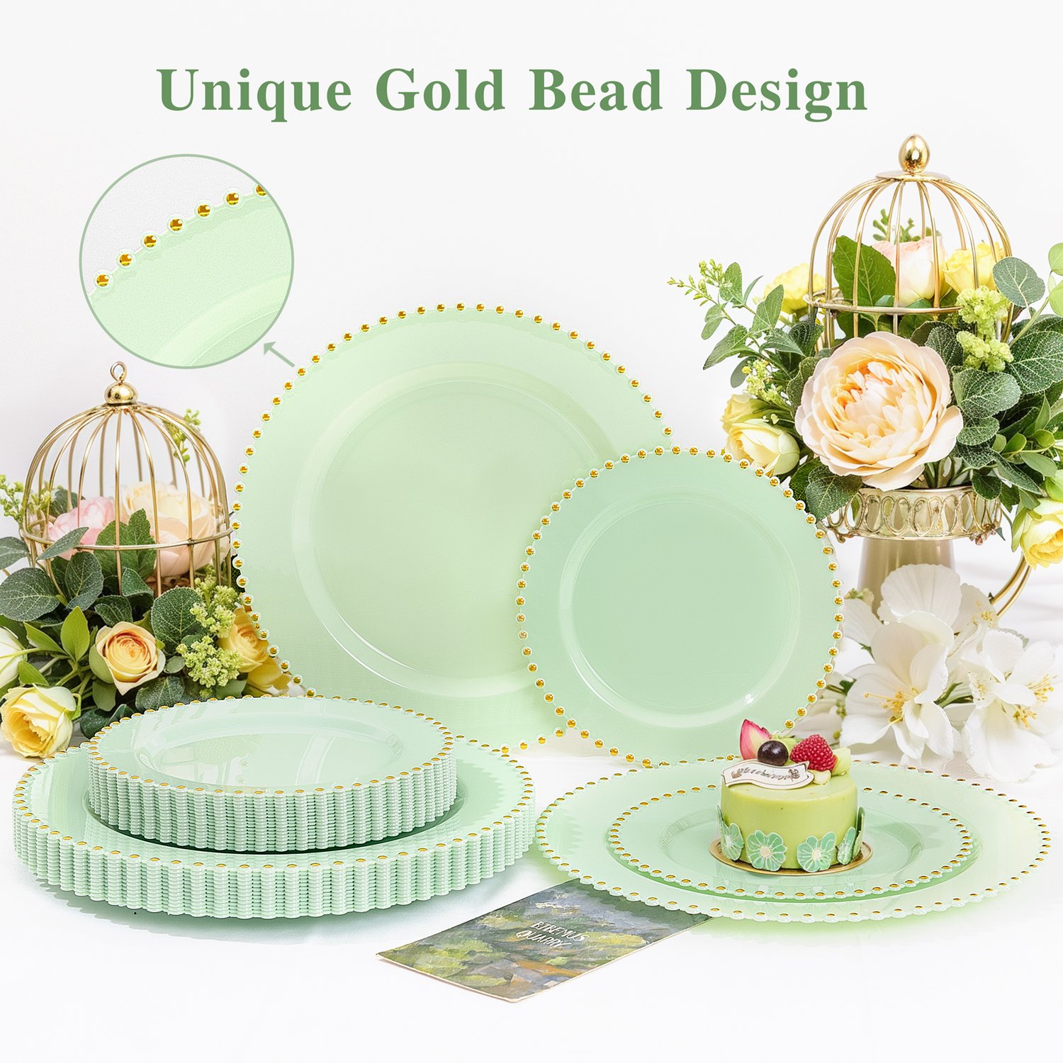 Green, Gold Green Plastic Plates with Bead Design — view 4