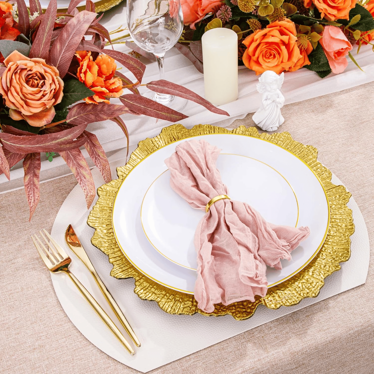 Gold Reef Charger Plates,Plastic Chargers Plates For Dinner With Bead Rimed for Wedding,Party,Holiday — view 4